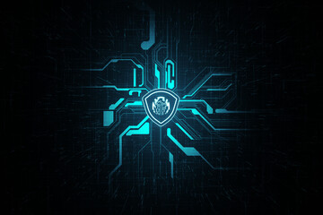 Creative glowing digital shield with fingerprint on dark circuit backdrop with empty mock up place. Digital safety, secure and protection concept. 3D Rendering.