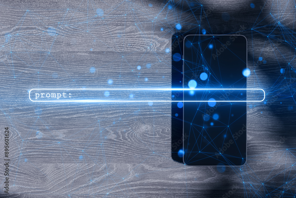 Poster close up of smartphone on wooden desk with glowing blue search bar on blurry polygonal background. s