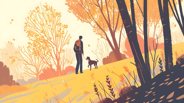 Walking the dog in the park in autumn