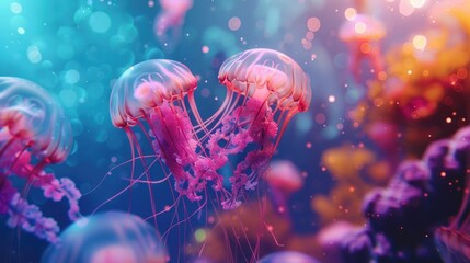 Naklejka premium Jellyfish glow with colorful lights, hyperrealism, pattern, banner, place for text