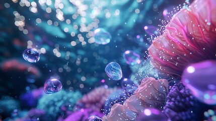 Fototapeta premium Whimsical underwater world with glowing corals and surreal sea creatures, dreamy colors and misty water, magical and otherworldly ambiance