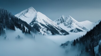 Serene mountain landscape, pristine peaks covered in snow, quiet valley below, mystical mist weaving through the trees, enchanted twilight sky