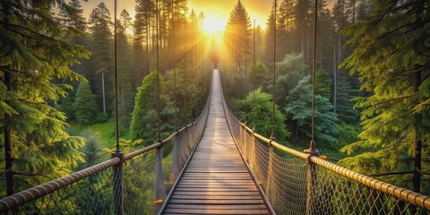 Fototapeta premium Serene wooden suspension bridge in a lush forest at sunset , peaceful, tranquil, bridge, wooden, suspension, lush, forest