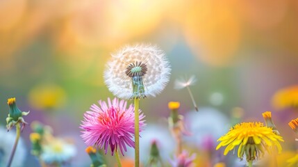 Obraz premium Dandelion Plant with spring time seed head (Tamarack officialese) Common Dandelion Flowers Blooming Close-up of plants growing on field,India,