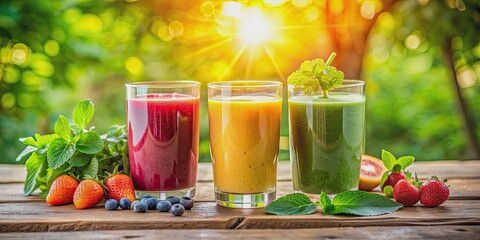 Fototapeta premium Fresh and vibrant healthy smoothies in the morning sunlight, healthy, smoothie, breakfast, fruit, drink, natural