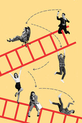 Vertical collage image young workers colleagues ladder cooperation teamwork project management business people achieve goal results