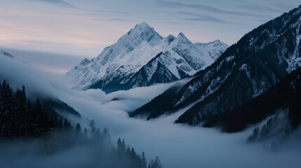 Fototapeta premium Serene mountain landscape, pristine peaks covered in snow, quiet valley below, mystical mist weaving through the trees, enchanted twilight sky
