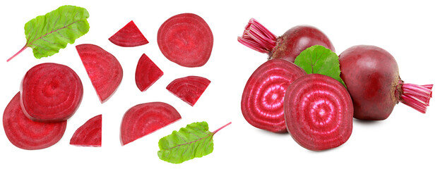 beetroot with pieces of beetroot and green leaf isolated on white background. clipping path