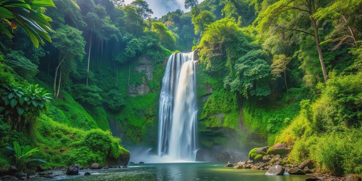 Curug Sanghyang taraje waterfall surrounded by lush green tropical forest, waterfall, Garut, West Java, Indonesia