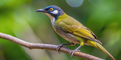 Naklejka premium Close up of a Lewin's honeyeater perching on a rainforest branch in Nth Queensland , Lewin's honeyeater, bird