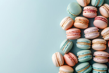Winter modern alternative christmas tree made from colorful sweet macarons in pastel colors. Festive xmas New Year holiday season banner and greeting card with copy space. creative composition concept