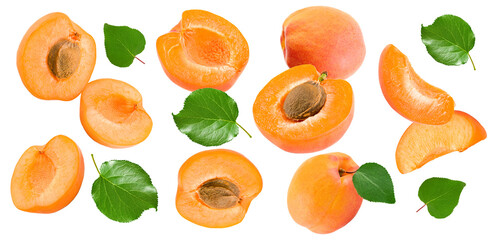 cut of apricot fruit with green leaf isolated on white background. clipping path