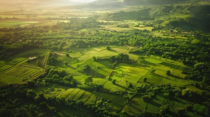 Fototapeta premium Drone view of the green valley. Background with selective focus and copy space