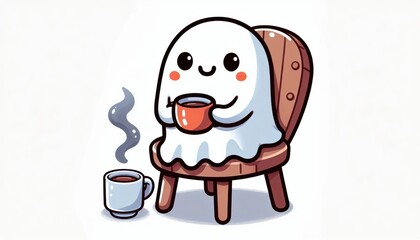 A cute cartoon ghost smiles while holding a mug of hot coffee in a cozy chair..Concept: Cozy Ghost Coffee Break