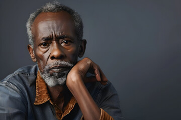 Gray background sad black American independent powerful man. Portrait of older mid-aged person beautiful bad mood expression isolated on background racism skin