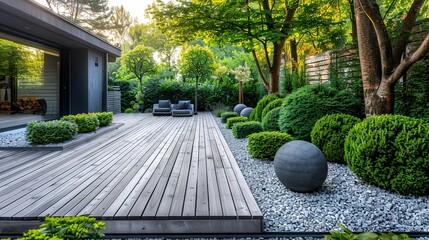Obraz premium Modern garden and terrace design with wooden floor and grass plants, box bushes, trees on plot with crushed stone