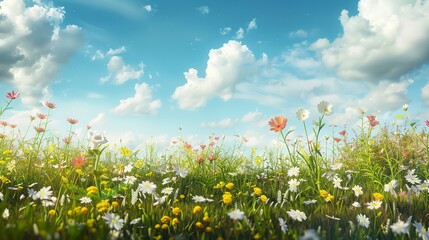 Fototapeta premium Wide panorama of a meadow with spring flowers. 
