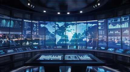 futuristic command center monitoring global budget trends with a panoramic display of financial data and interactive maps
