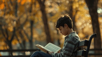 Fototapeta premium A young teen sitting on a park bench, engrossed in a book with soft focus trees in the background, providing a clear area above for text. 
