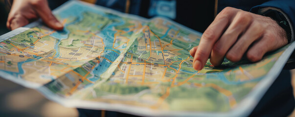 Close-up of Hands Holding a Detailed City Map Outdoors for Navigation and Travel Planning