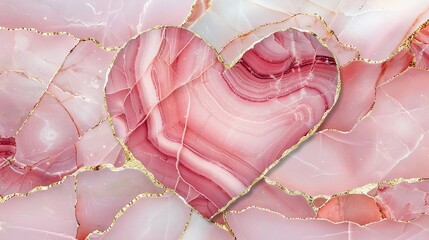   Pink marble heart with gold foil borders on pink and white marble background