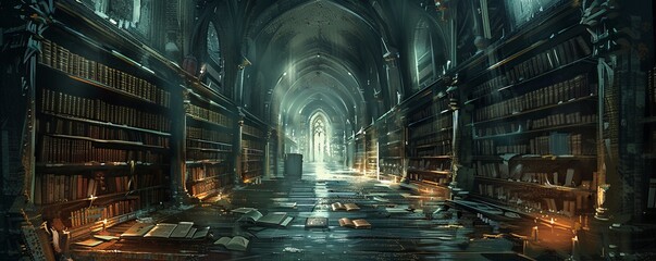 An ancient library filled with ancient scrolls and manuscripts, its shelves stretching into the shadows.