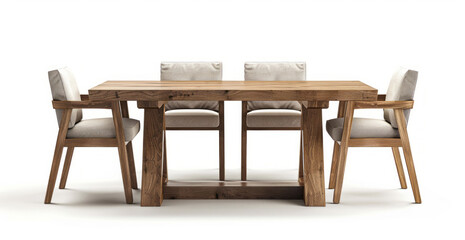 Fototapeta premium A modern solid wood dining table with four chairs isolated on a white background, in a detailed photographic style.