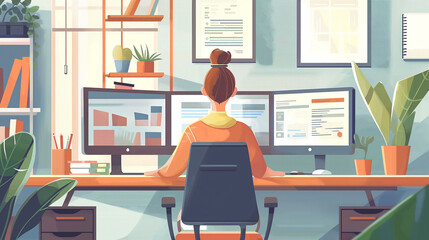 Fototapeta premium A worker in a cozy home office, using a laptop and a desk, participating in a video conference call, surrounded by personal touches like plants and artwork