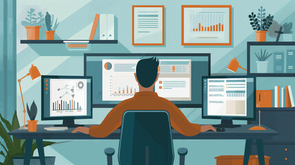 A worker in a stylish home office, using dual monitors and productivity apps to manage tasks and participate in meetings, with a focus on design