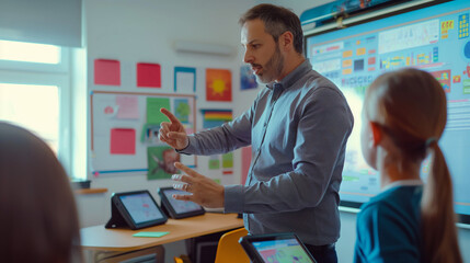 A teacher using an interactive smartboard to engage students, with digital tablets and educational software enhancing the learning experience in a bright classroo