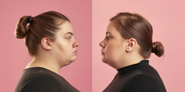 Before and after weight loss photos of an obese woman's face, with her chin more defined in the second photo due to deeper fat cheeks, creating a slimmer appearance.