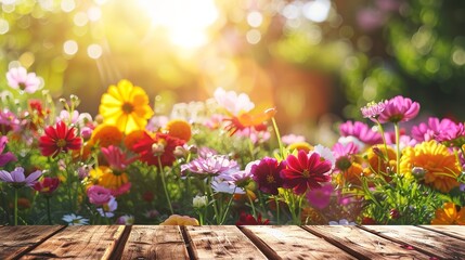 Summer flowers garden background with empty table top in front for product promotion, sunlight soft background
