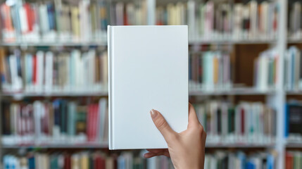 Female librarian holding white book mockup on library shelves background