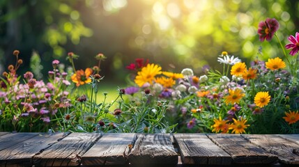 Summer flowers garden background with empty table top in front for product promotion, sunlight soft background