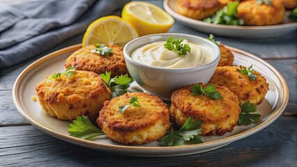 Fototapeta premium Fried crab cakes on a plate with aioli dipping sauce, garnished with a lemon wedge, fried, crab cakes, plate