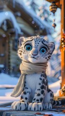 Cute Snow Leopard Cub Wearing a Scarf in a Winter Wonderland