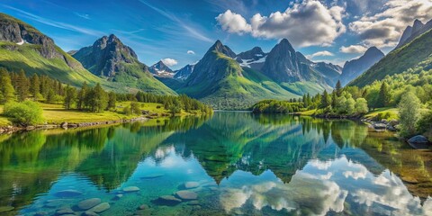 Naklejka premium A serene landscape of untouched nature in Norway with crystal clear lakes, lush green forests, and towering mountains