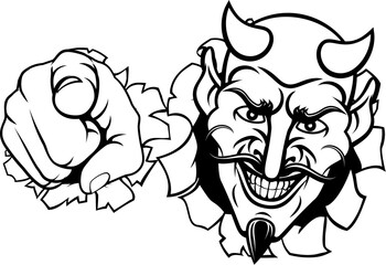 Devil satan mascot cartoon character pointing at the viewer in a needs or wants you gesture