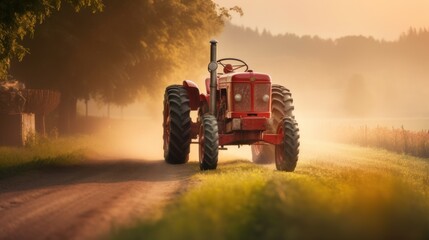 Red Tractor Driving Through a Misty Country Road at Sunset