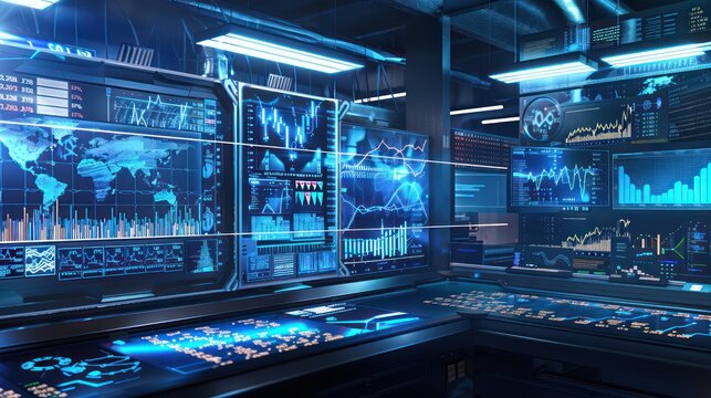 futuristic depiction of a stock market analysis room, with holographic displays and digital panels showing global economic trends