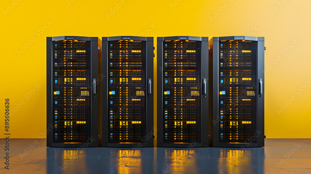 Poster several server racks standing in front of a clean background