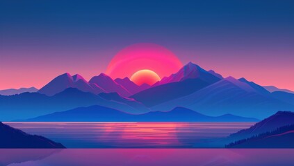 Sunset Over Mountains and a Still Lake