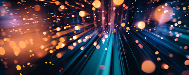 Vibrant abstract light trails and bokeh effects in turquoise and orange, creating a dynamic, futuristic data stream visualization