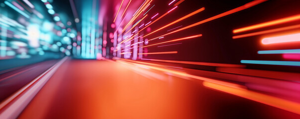 Futuristic cityscape with neon light streaks, creating a sense of high-speed motion and data flow in vibrant red, orange, and teal colors