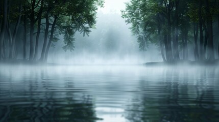 Mystical lake surrounded by ancient trees, shrouded in a gentle mist, with serene, relaxing light reflecting off the water, creating a bewitched scene