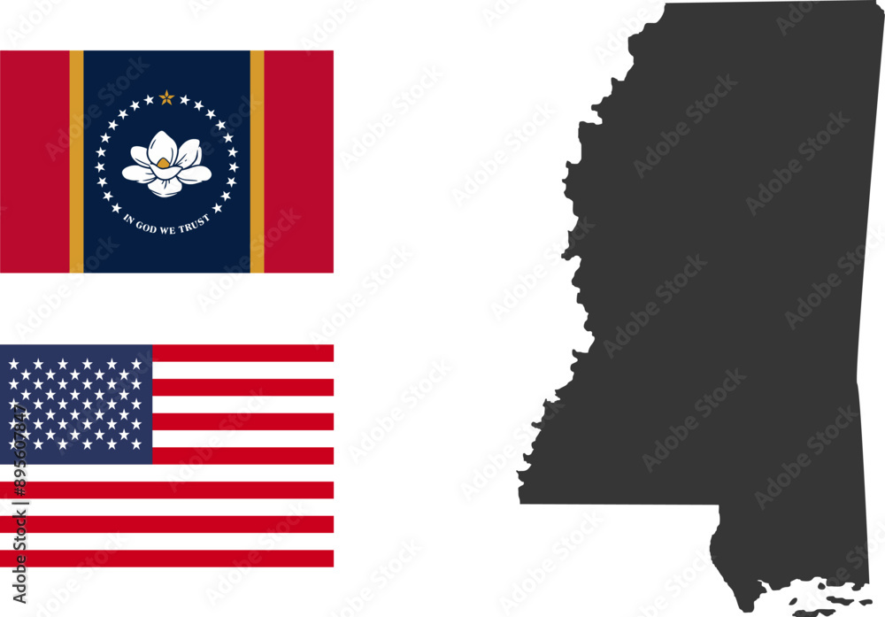 Wall mural mississippi state of usa. mississippi flag and territory. states of america territory on white backg