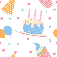 Cute Birthday Cake Cupcake Seamless Pattern Motif Confetti Decoration Vector Illustration