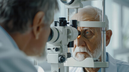 An ophthalmologist checks an older man's eyesight on a device in the office of the polyclinic.
