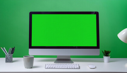 Fototapeta premium A modern computer monitor with a green screen, placed on a stand, isolated on a white background, ideal for website or software mockups.