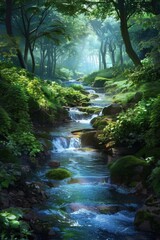 Fototapeta premium A forest spring scene with fresh water sources captures the essence of rejuvenation and vitality in a natural woodland setting. 